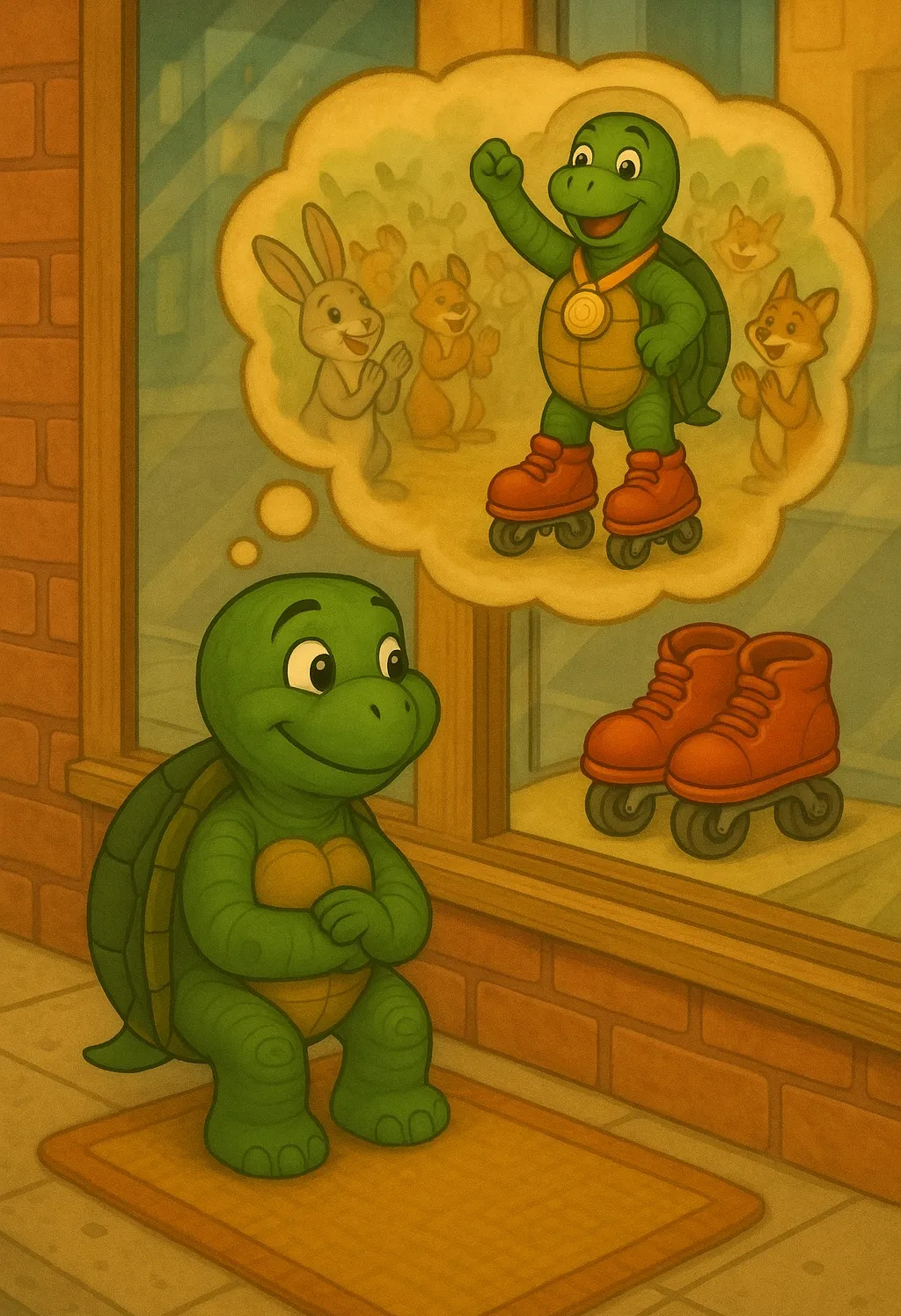 乌龟思考用轮滑鞋赢得比赛