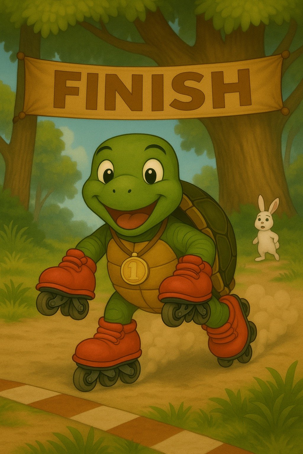 乌龟先到终点(胸前的奖牌是多余的)