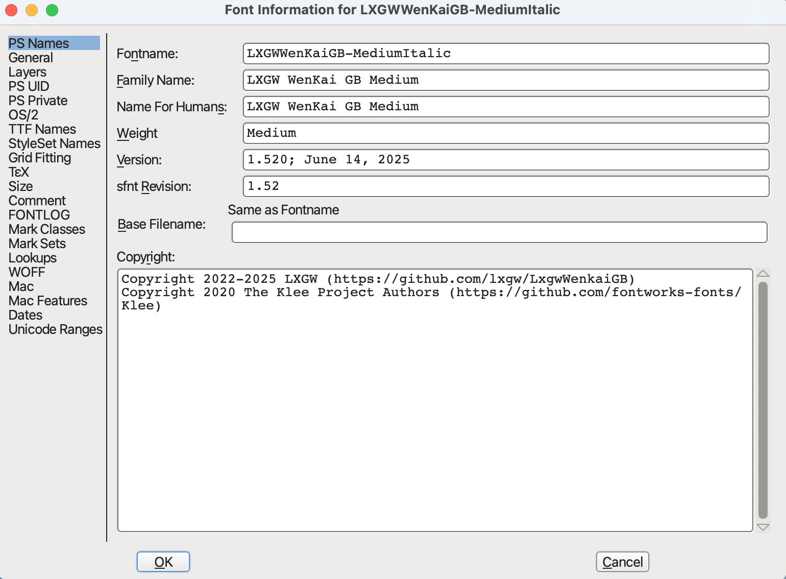修改PS Names的Fontname